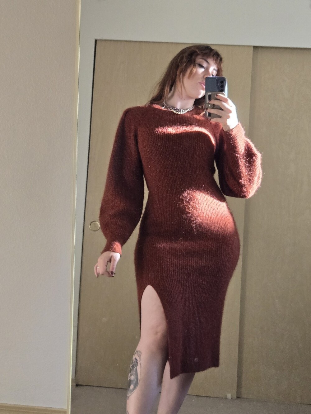 rag and bone liana merino wool and alpaca bodycon puff sleeve slit dress rust S